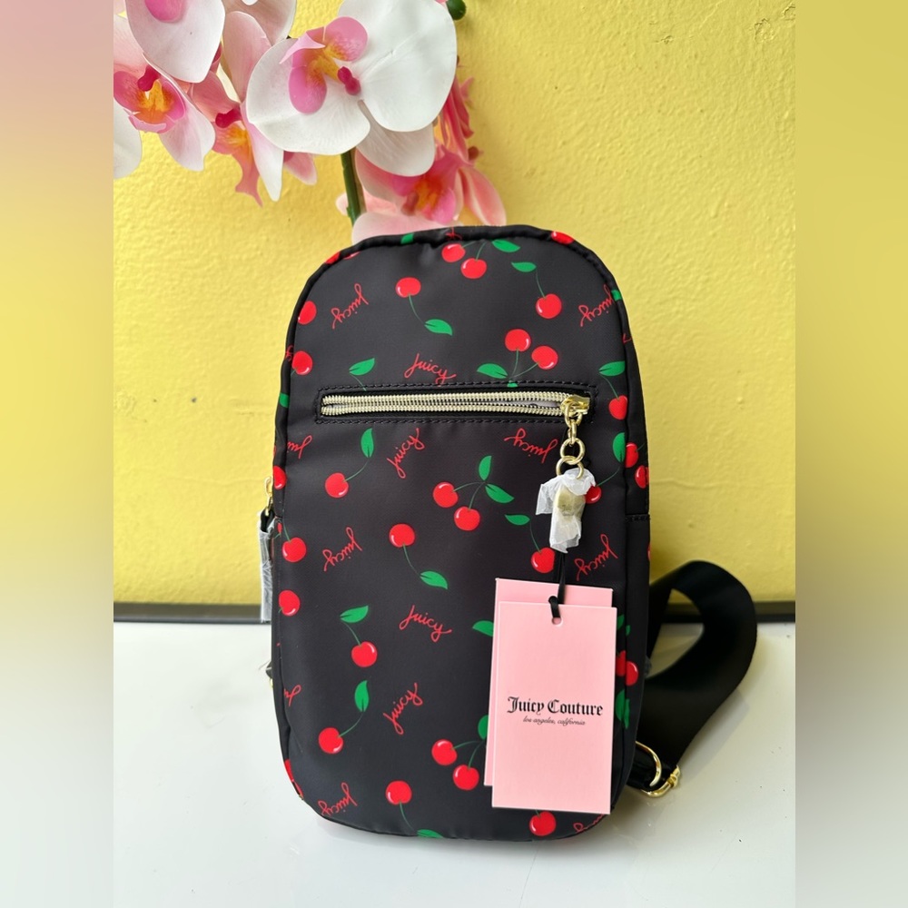 Juicy Couture Beautiful Black with Cherries Nylon Sling Purse